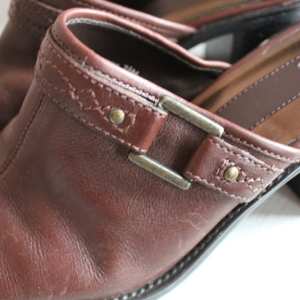 Bass Vintage Brown Leather Square Toe Block Heel Mules US7.5 - Picture 6 of 9